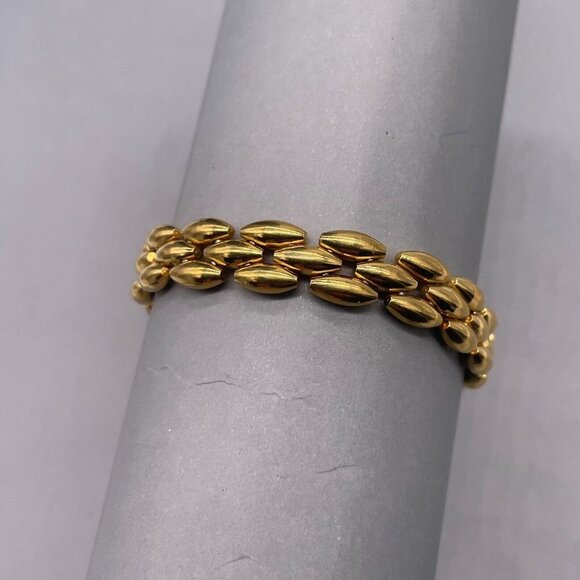 Rice Beads Chunky Bangle Bracelet Gold Tone Fold Over Closure - Picture 5 of 6